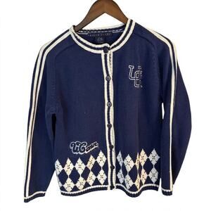 Vintage UConn Huskies Cardigan Sweater Argyle Prep Collegiate Ramie Cotton Blue